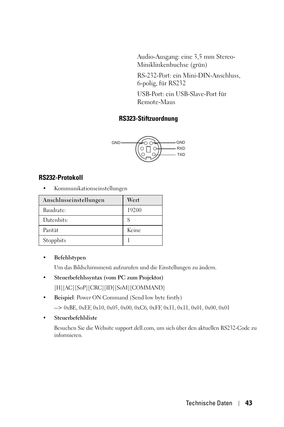 Rs323-stiftzuordnung, Rs232-protokoll | Dell 1800MP Projector User Manual | Page 121 / 1096