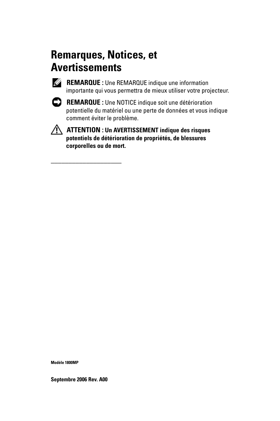 Remarques, notices, et avertissements | Dell 1800MP Projector User Manual | Page 160 / 1096