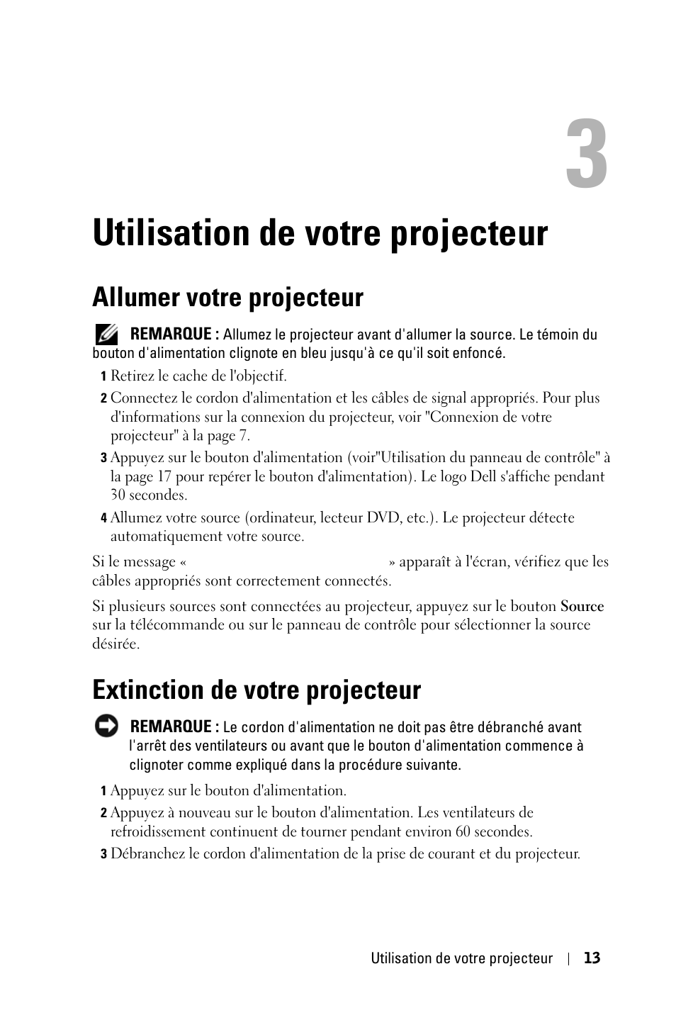 Utilisation de votre projecteur, Allumer votre projecteur, Extinction de votre projecteur | Dell 1800MP Projector User Manual | Page 171 / 1096