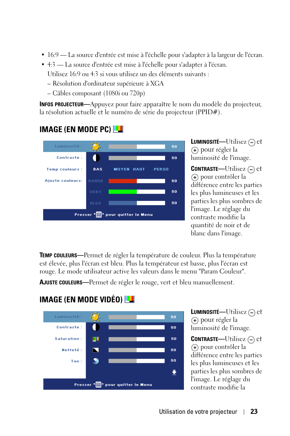 Image (en mode pc), Image (en mode vidéo) | Dell 1800MP Projector User Manual | Page 181 / 1096