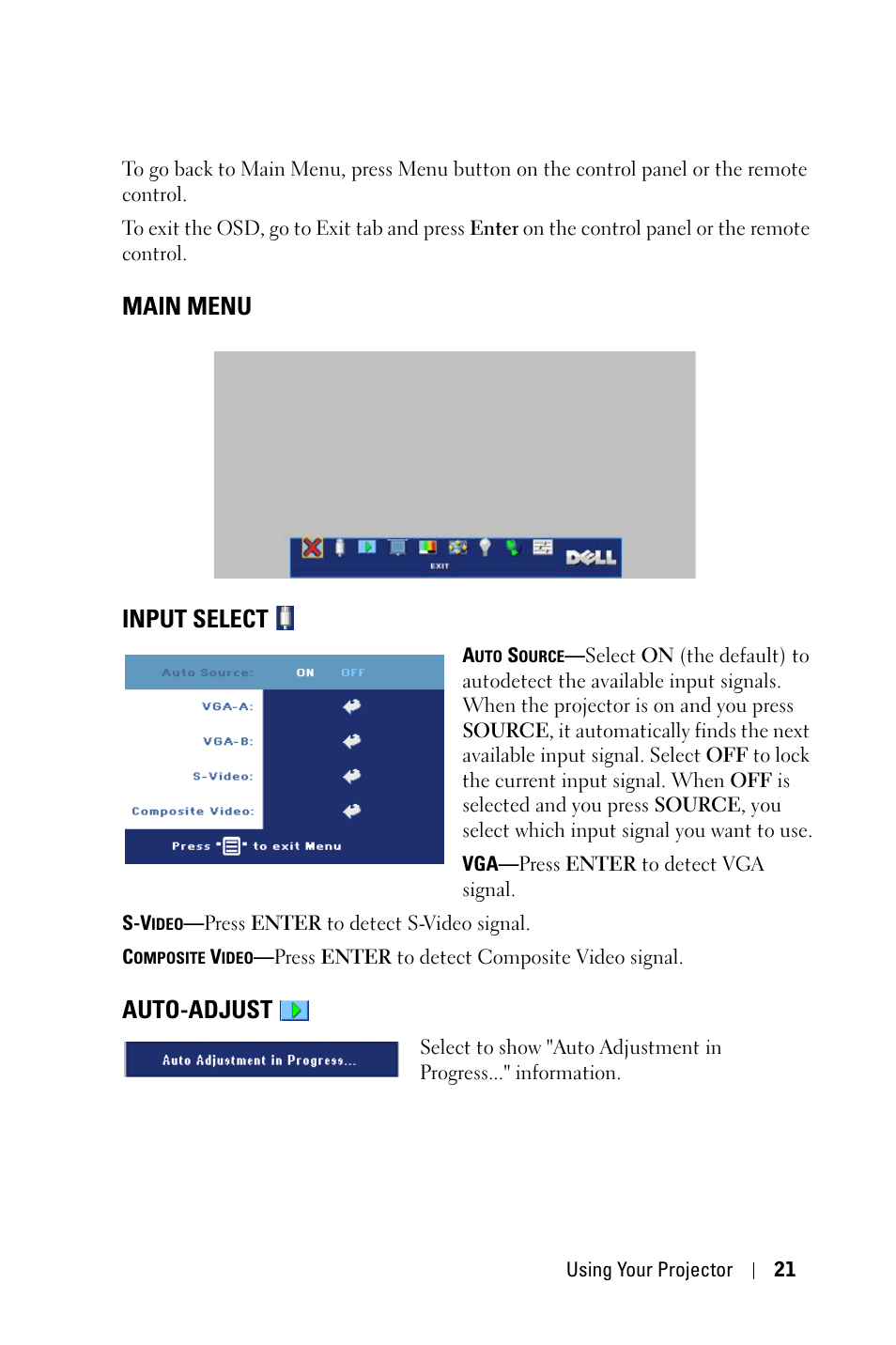 Main menu, Input select, Auto-adjust | Main menu input select | Dell 1800MP Projector User Manual | Page 21 / 1096
