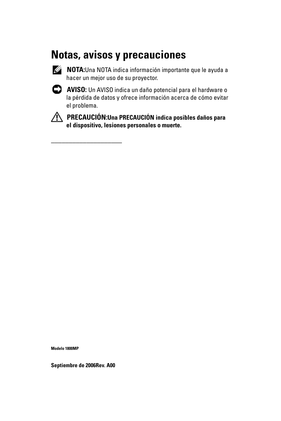 Notas, avisos y precauciones | Dell 1800MP Projector User Manual | Page 238 / 1096