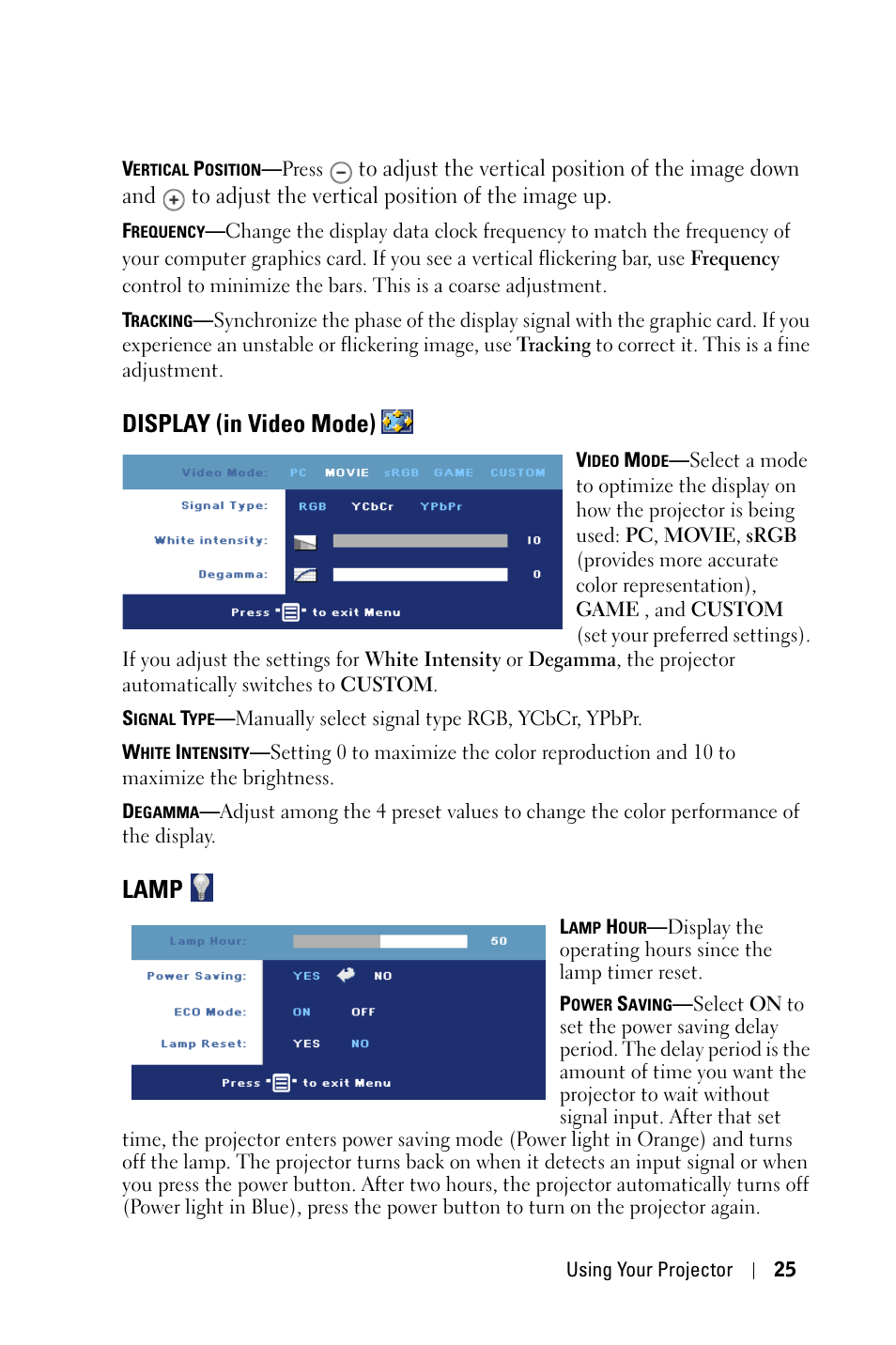 Display (in video mode), Lamp | Dell 1800MP Projector User Manual | Page 25 / 1096