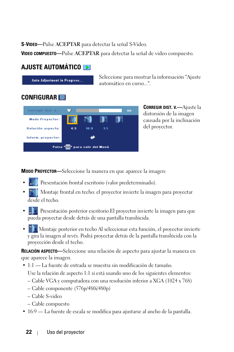 Ajuste automático, Configurar | Dell 1800MP Projector User Manual | Page 258 / 1096