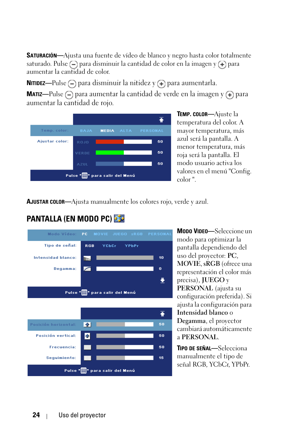 Pantalla (en modo pc) | Dell 1800MP Projector User Manual | Page 260 / 1096