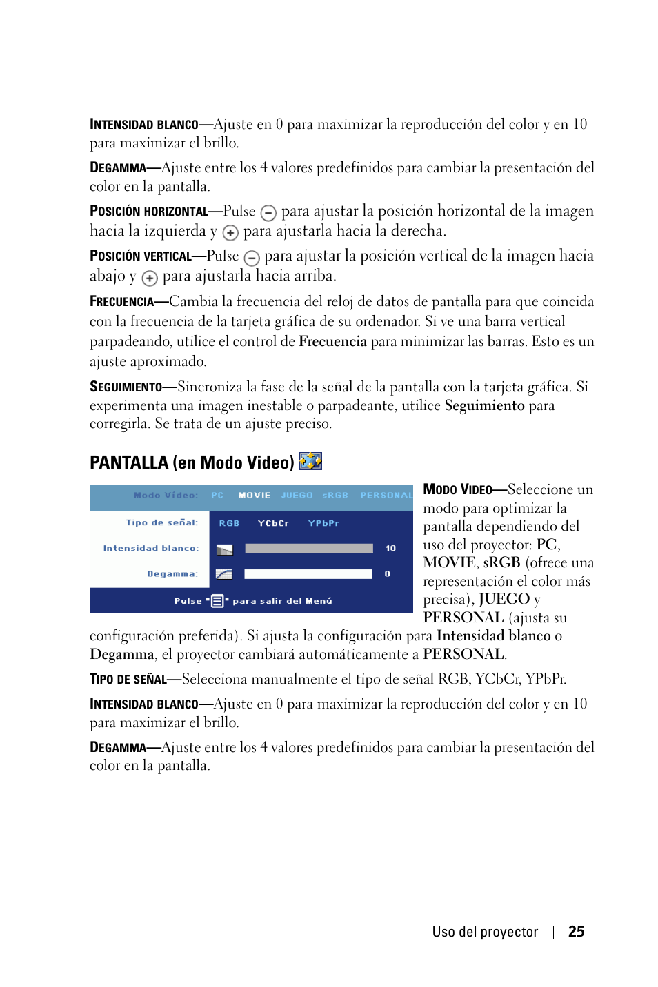 Pantalla (en modo video) | Dell 1800MP Projector User Manual | Page 261 / 1096