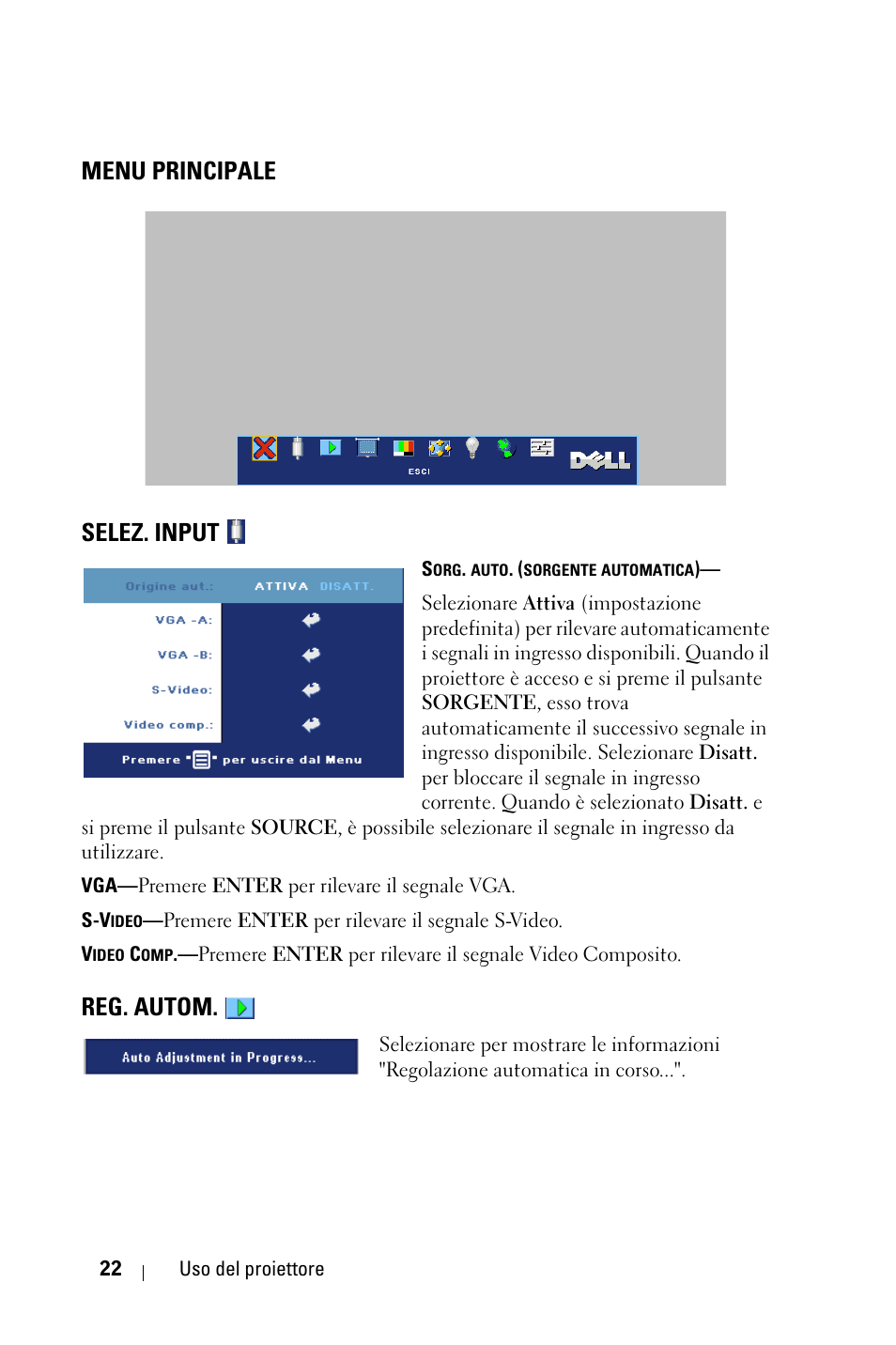 Menu principale, Selez. input, Reg. autom | Menu principale selez. input | Dell 1800MP Projector User Manual | Page 336 / 1096
