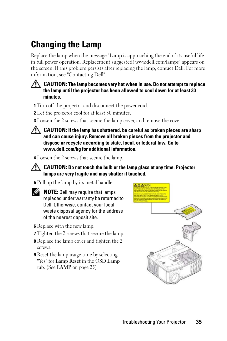 Changing the lamp | Dell 1800MP Projector User Manual | Page 35 / 1096