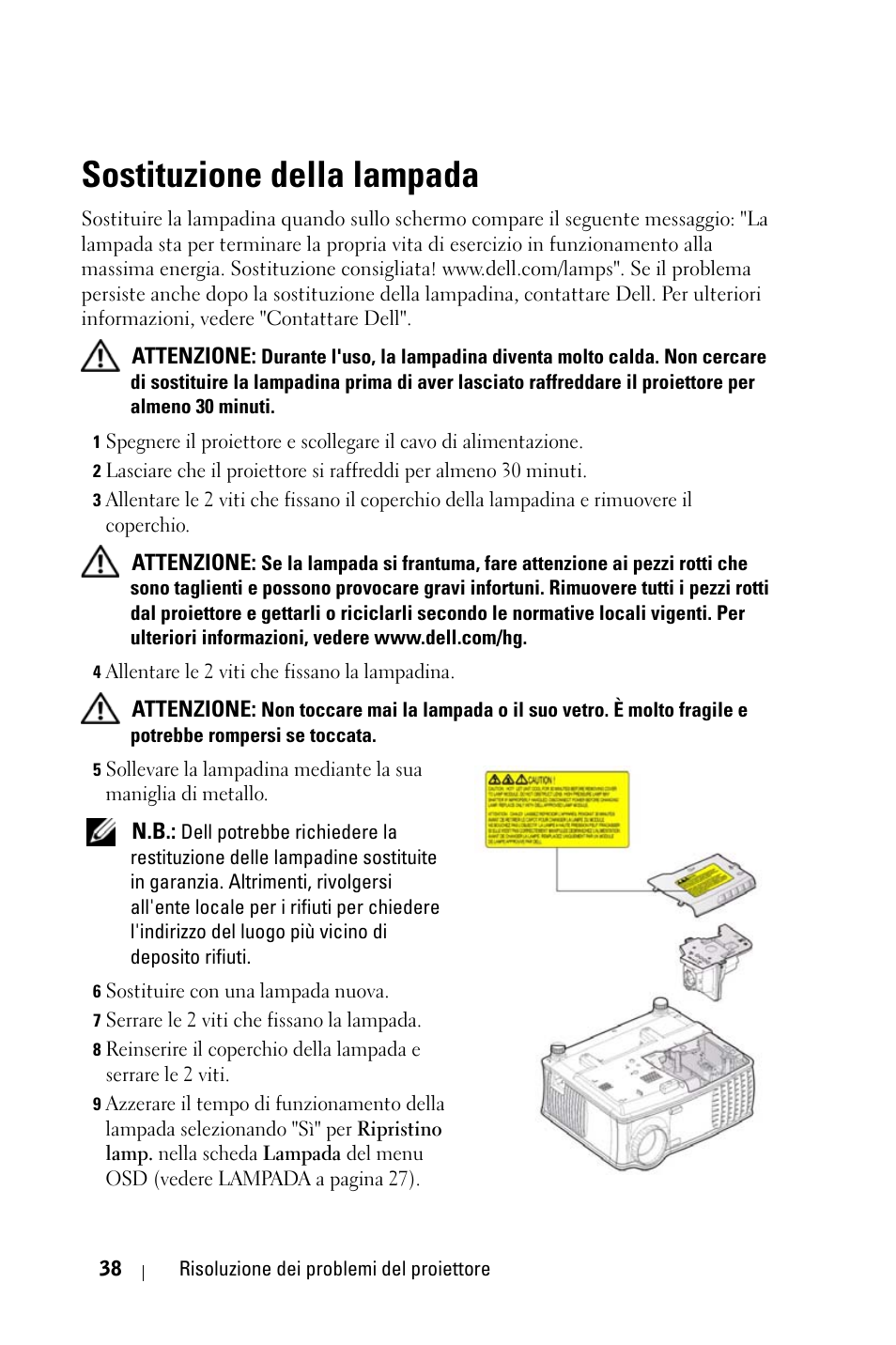 Sostituzione della lampada, E sostituzione della | Dell 1800MP Projector User Manual | Page 352 / 1096