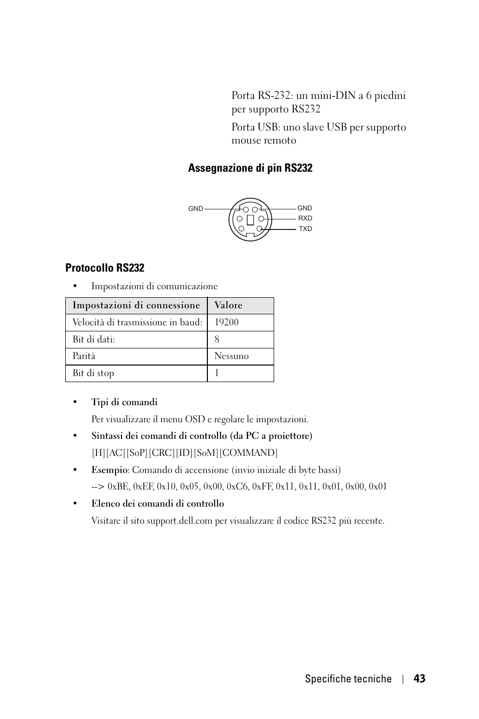 Assegnazione di pin rs232, Protocollo rs232 | Dell 1800MP Projector User Manual | Page 357 / 1096