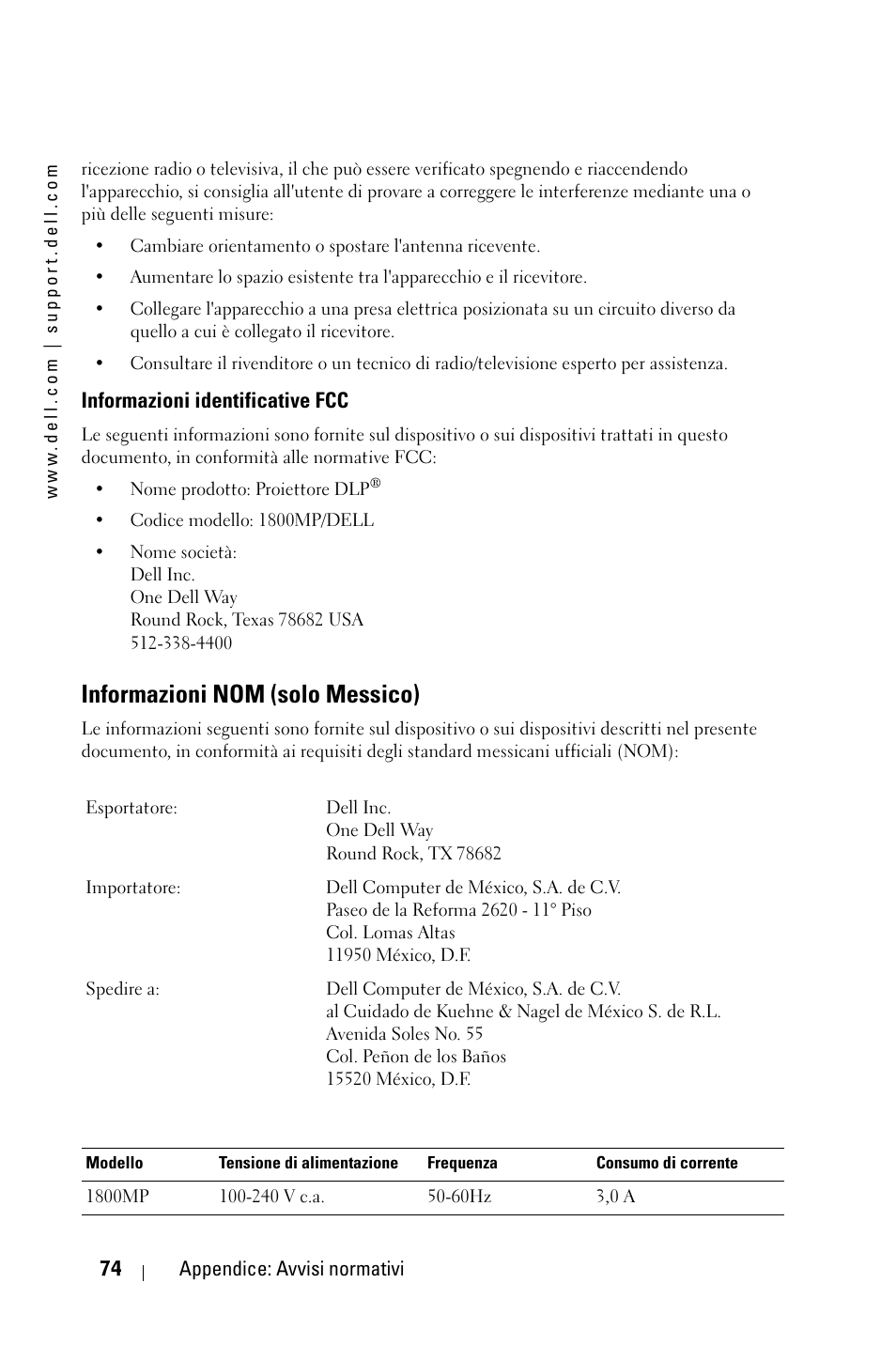 Informazioni nom (solo messico) | Dell 1800MP Projector User Manual | Page 388 / 1096