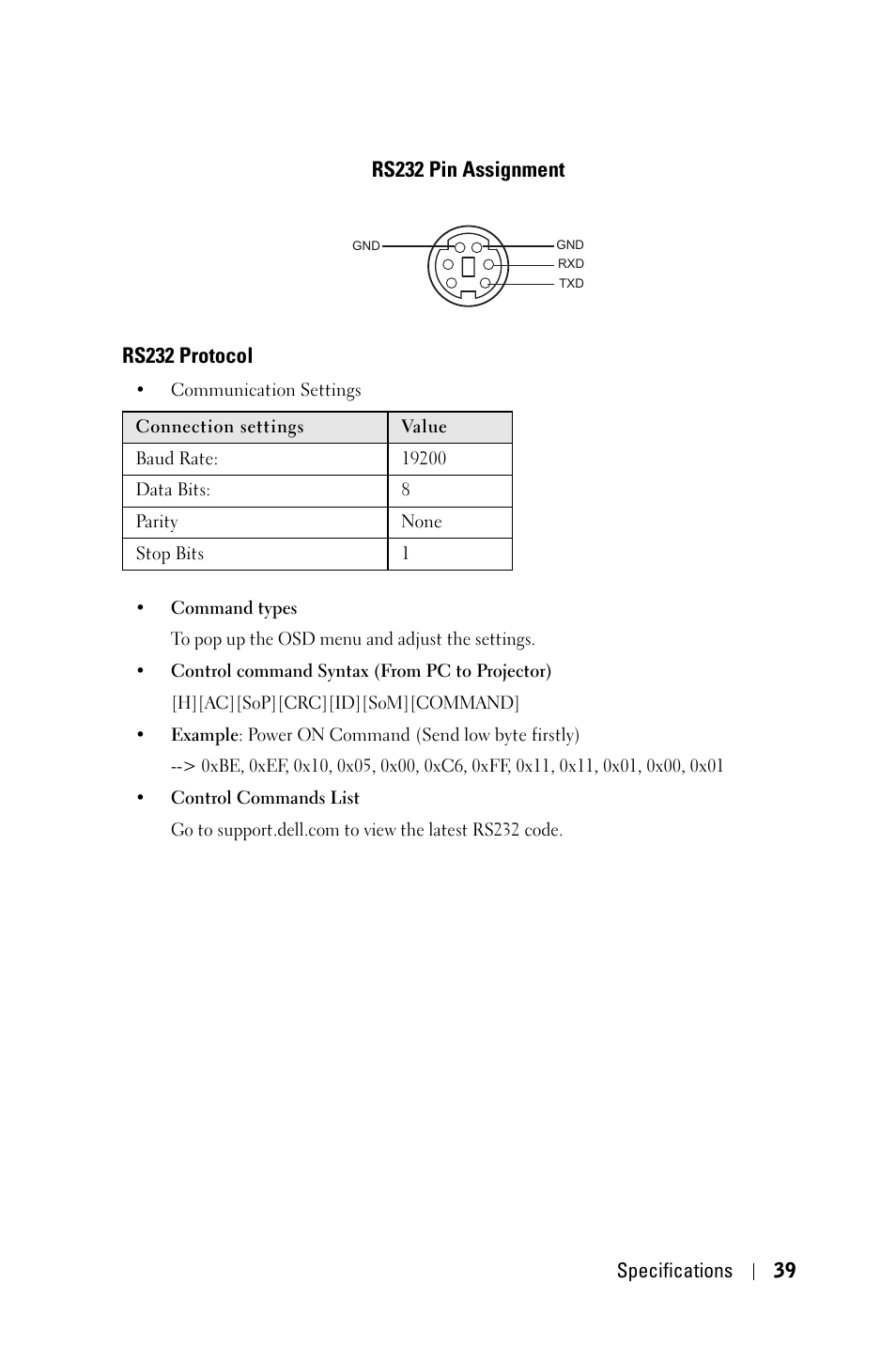 Rs232 pin assignment, Rs232 protocol | Dell 1800MP Projector User Manual | Page 39 / 1096