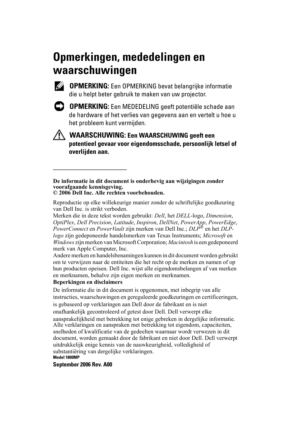 Opmerkingen, mededelingen en waarschuwingen | Dell 1800MP Projector User Manual | Page 398 / 1096