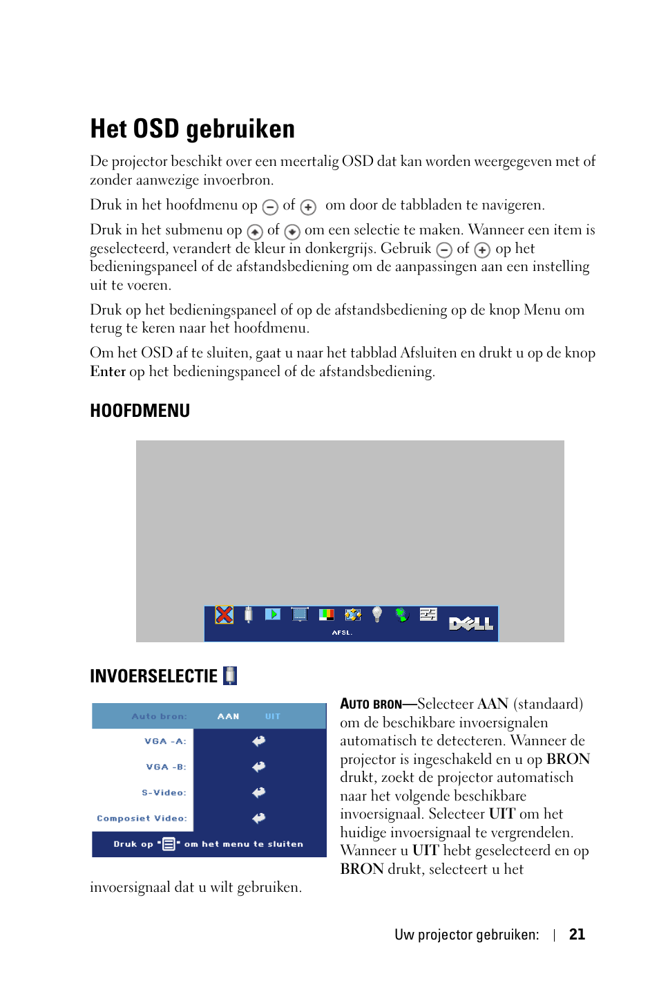 Het osd gebruiken, Hoofdmenu, Invoerselectie | Hoofdmenu invoerselectie | Dell 1800MP Projector User Manual | Page 417 / 1096