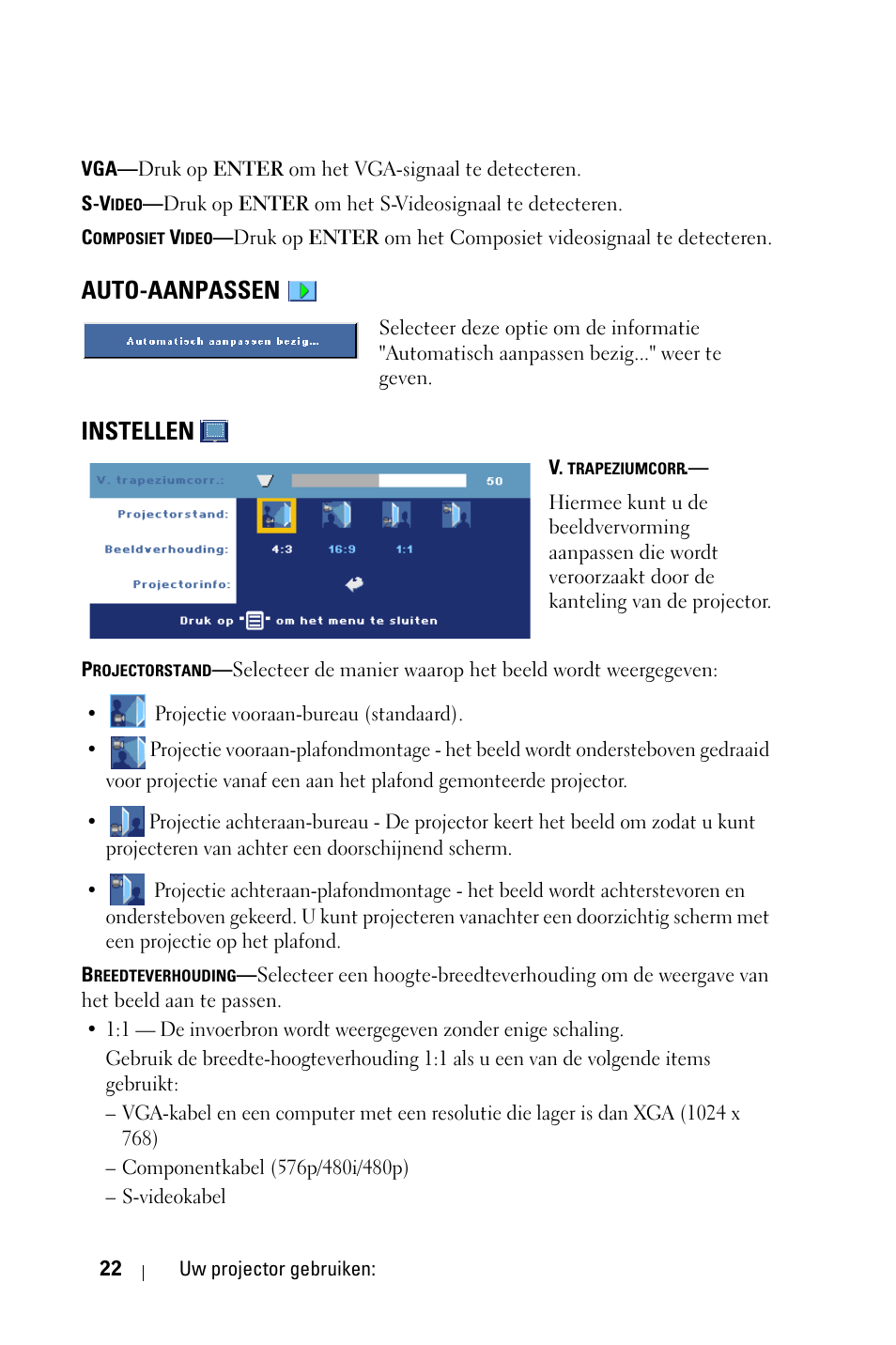 Auto-aanpassen, Instellen | Dell 1800MP Projector User Manual | Page 418 / 1096