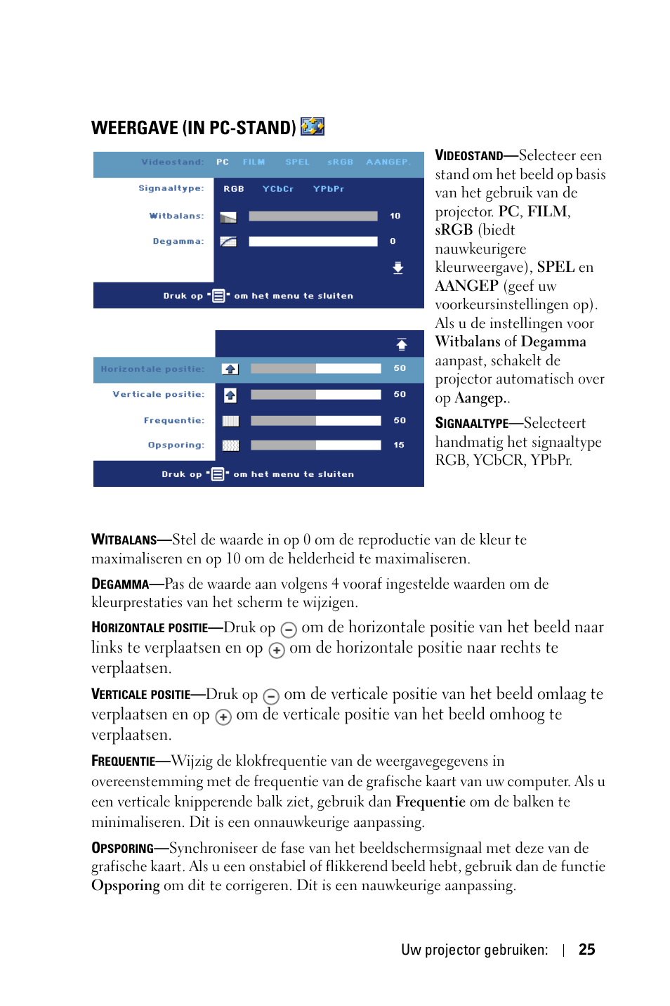 Weergave (in pc-stand) | Dell 1800MP Projector User Manual | Page 421 / 1096