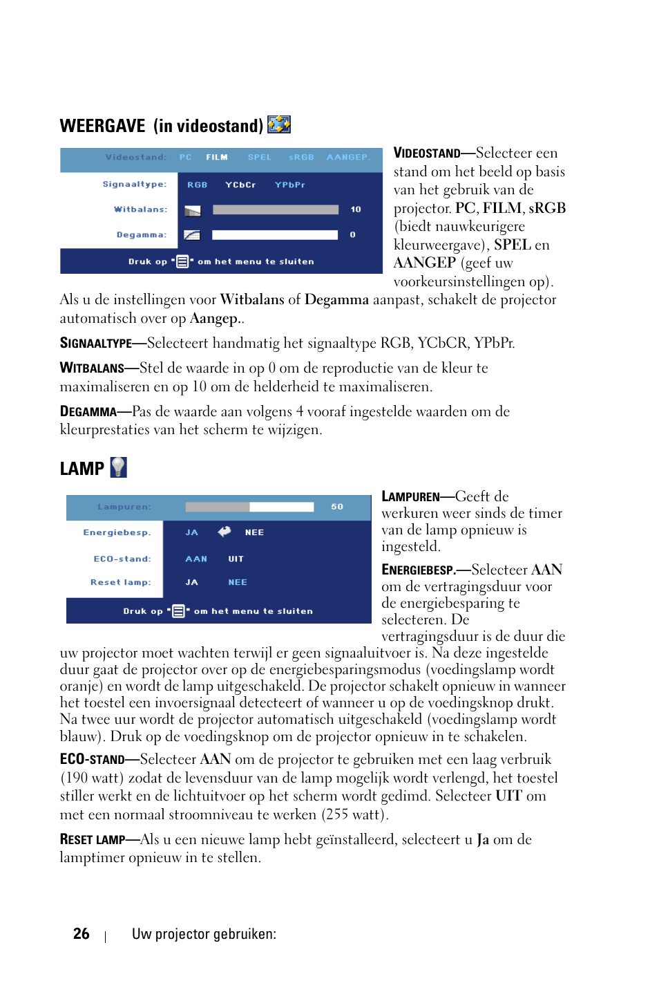 Weergave (in videostand), Lamp | Dell 1800MP Projector User Manual | Page 422 / 1096