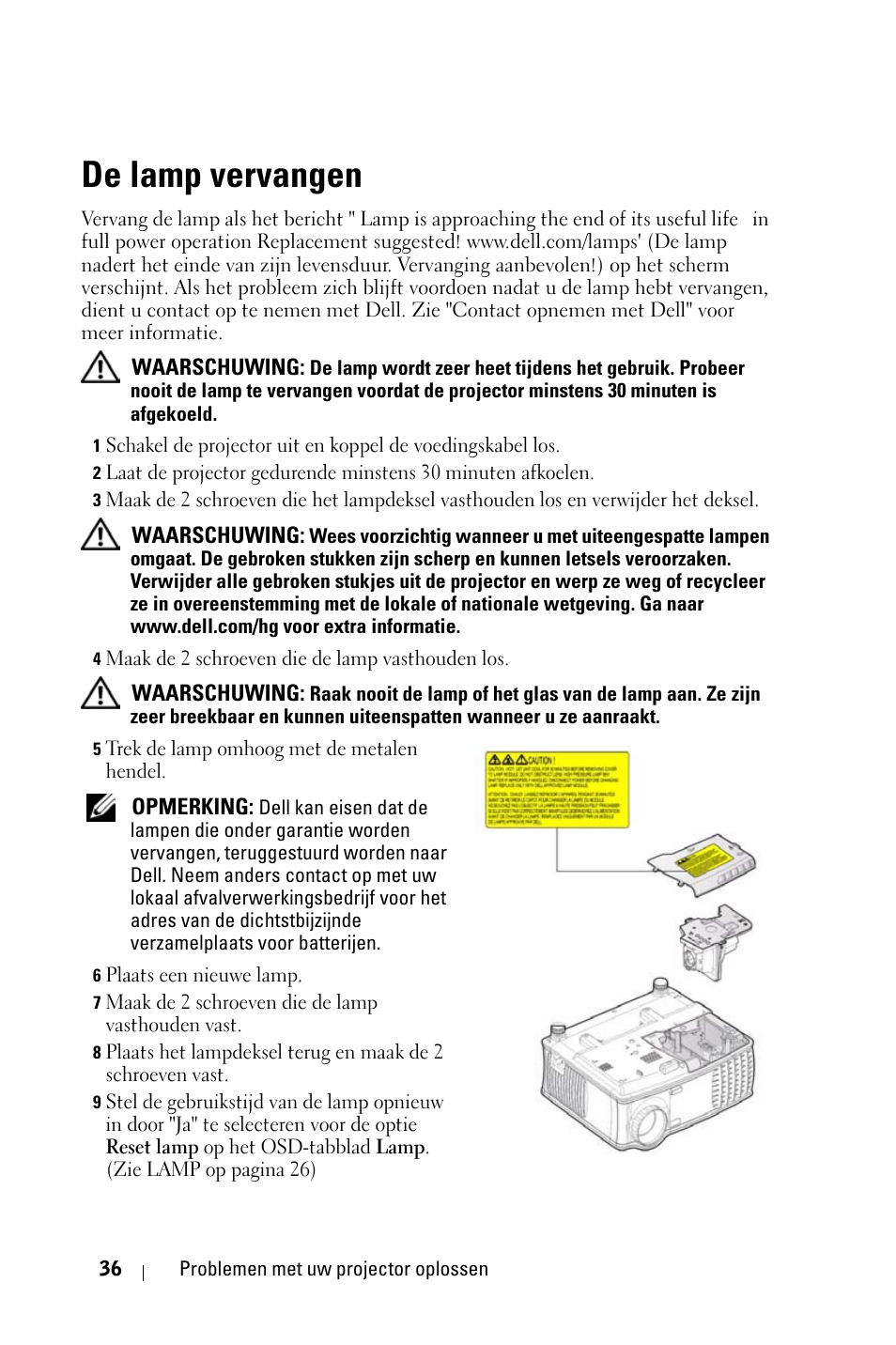 De lamp vervangen, Ie de lamp vervangen op | Dell 1800MP Projector User Manual | Page 432 / 1096
