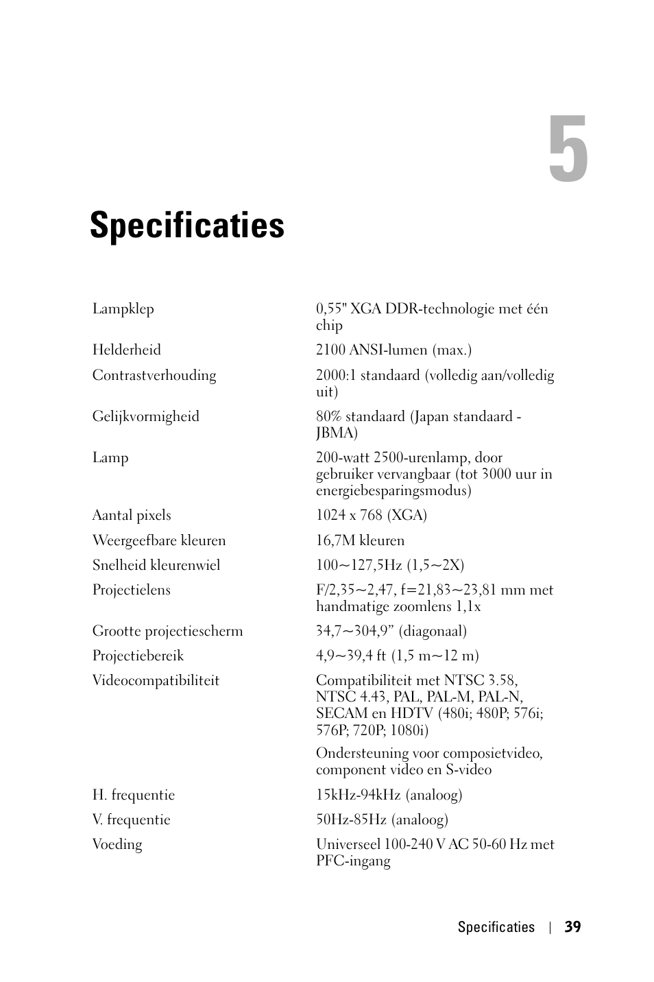 Specificaties | Dell 1800MP Projector User Manual | Page 435 / 1096