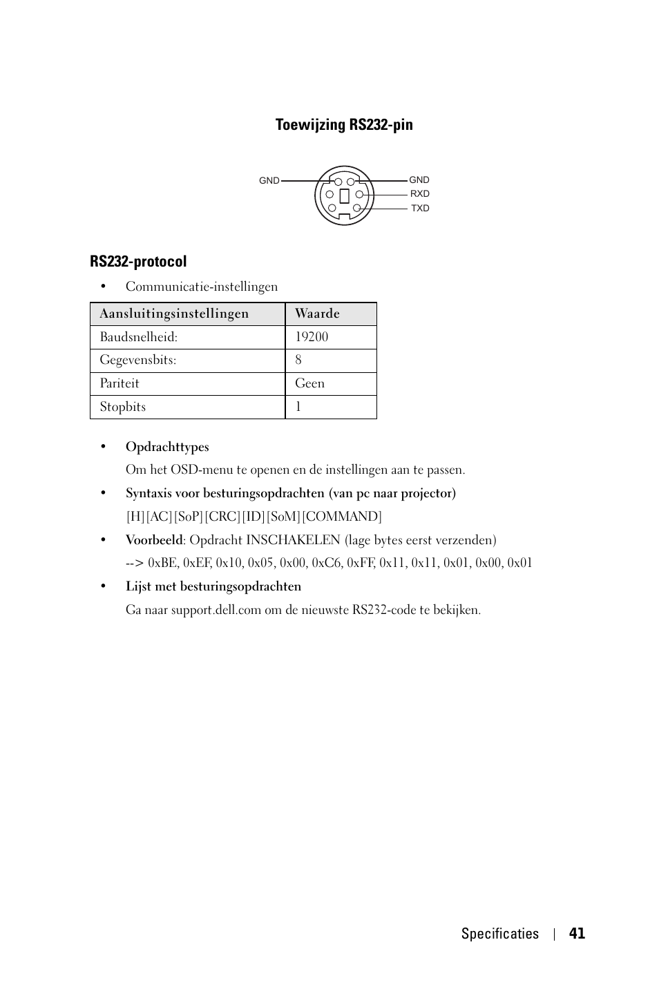 Toewijzing rs232-pin, Rs232-protocol | Dell 1800MP Projector User Manual | Page 437 / 1096