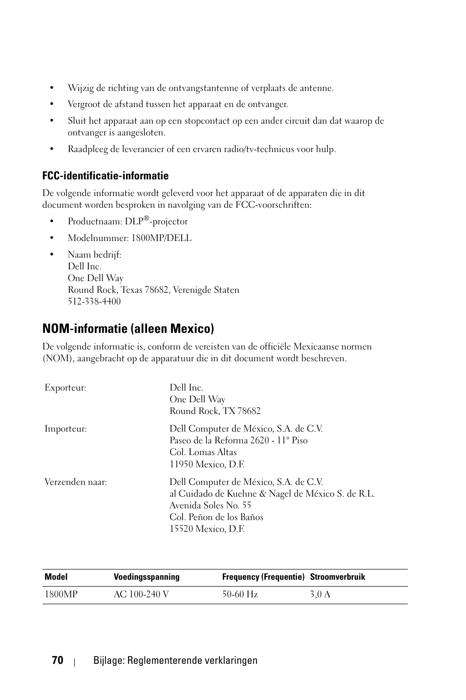 Fcc-identificatie-informatie, Nom-informatie (alleen mexico) | Dell 1800MP Projector User Manual | Page 466 / 1096