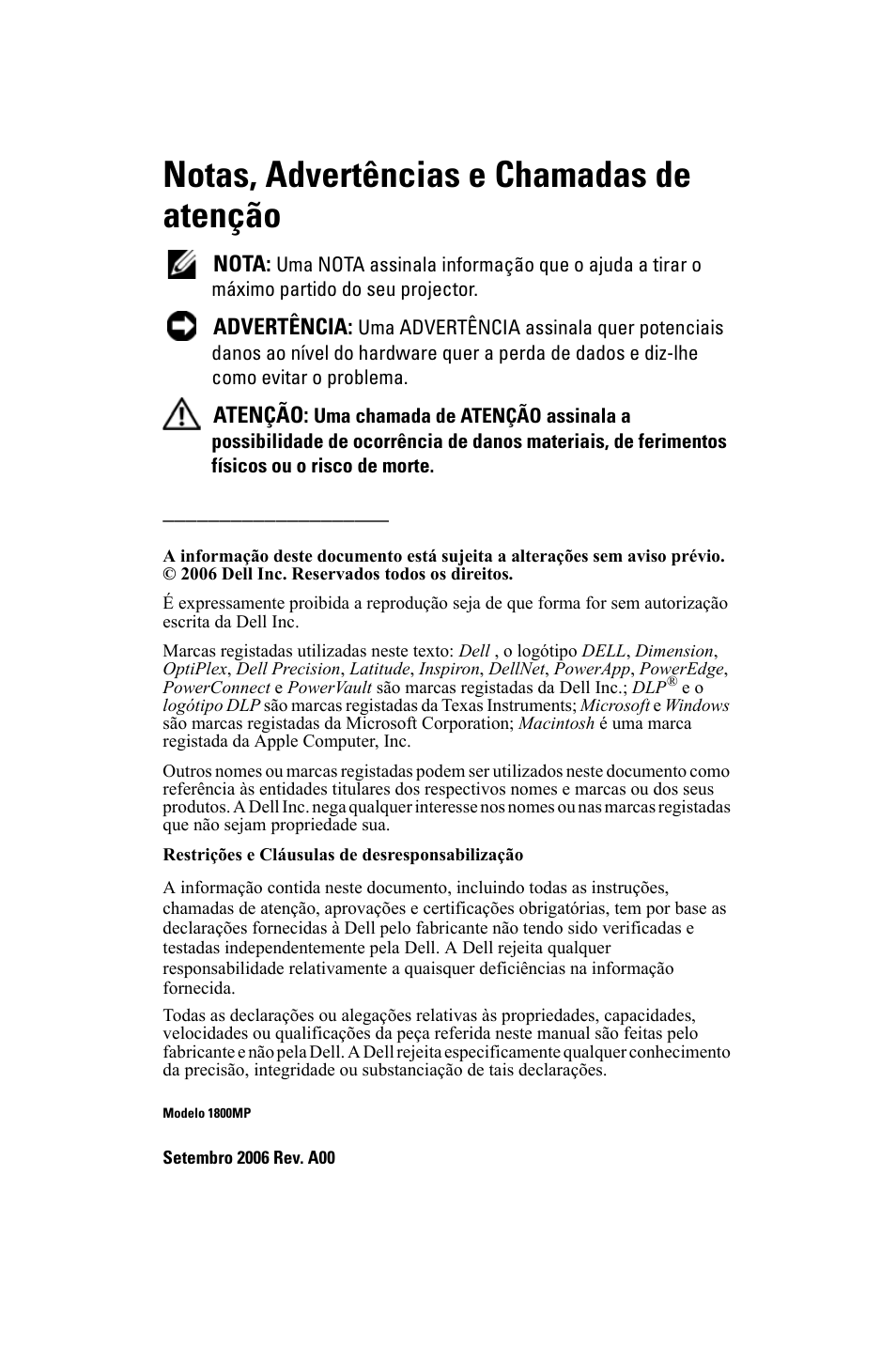 Notas, advertências e chamadas de atenção | Dell 1800MP Projector User Manual | Page 550 / 1096