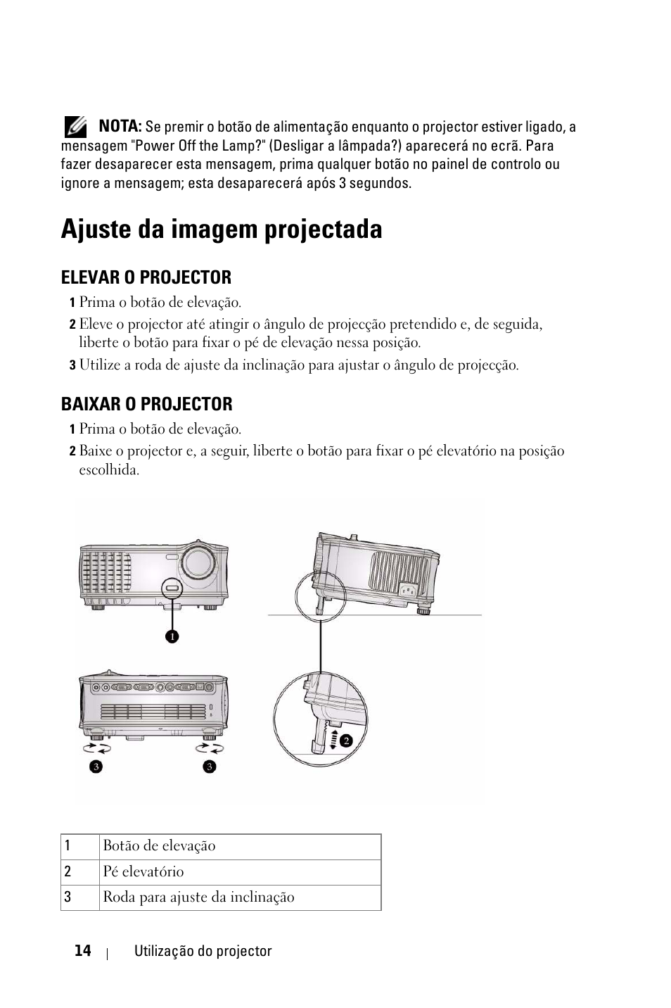 Ajuste da imagem projectada, Elevar o projector, Baixar o projector | Dell 1800MP Projector User Manual | Page 562 / 1096
