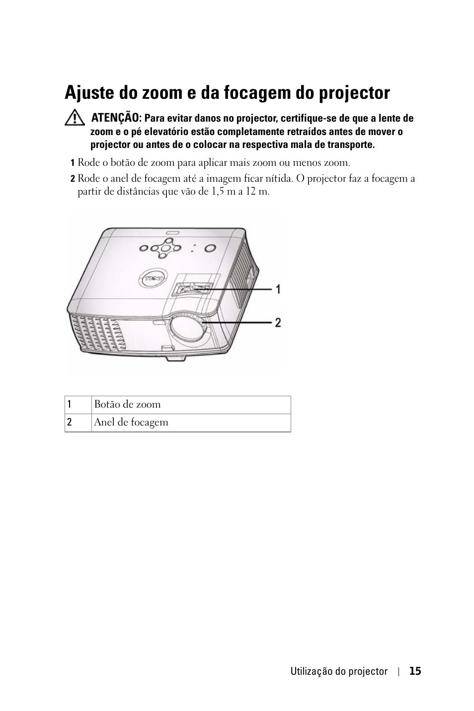 Ajuste do zoom e da focagem do projector | Dell 1800MP Projector User Manual | Page 563 / 1096