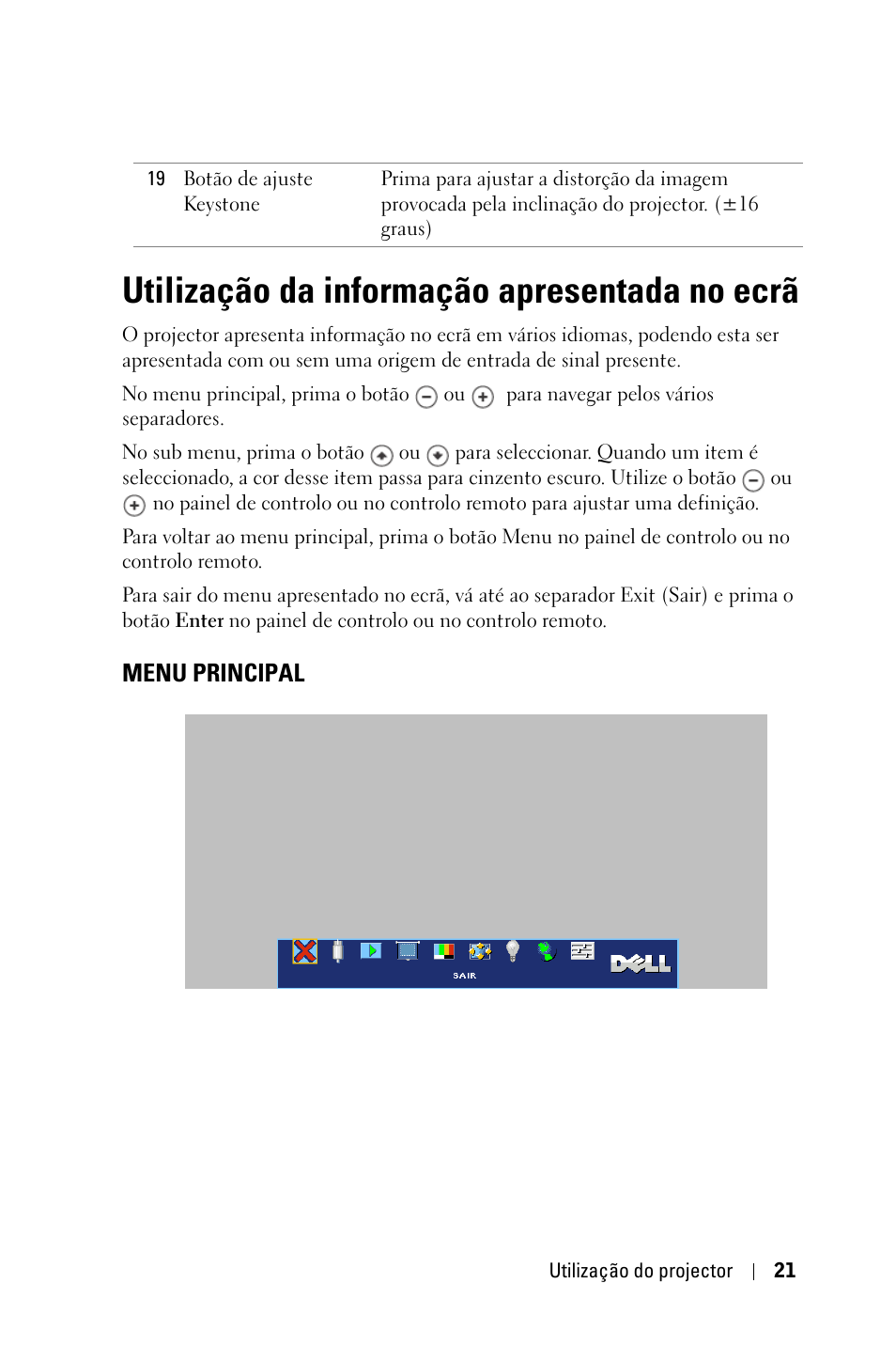 Utilização da informação apresentada no ecrã, Menu principal | Dell 1800MP Projector User Manual | Page 569 / 1096