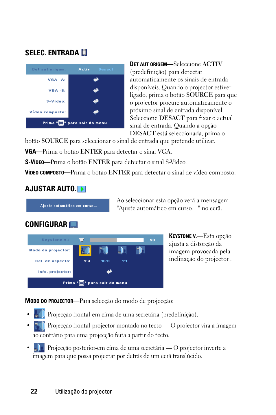 Selec. entrada, Ajustar auto, Configurar | Dell 1800MP Projector User Manual | Page 570 / 1096