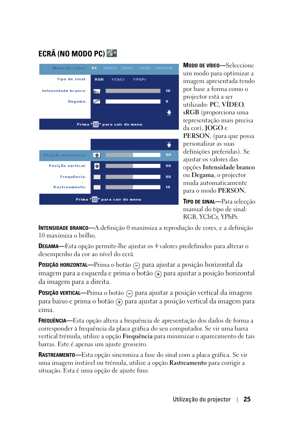 Ecrã (no modo pc) | Dell 1800MP Projector User Manual | Page 573 / 1096