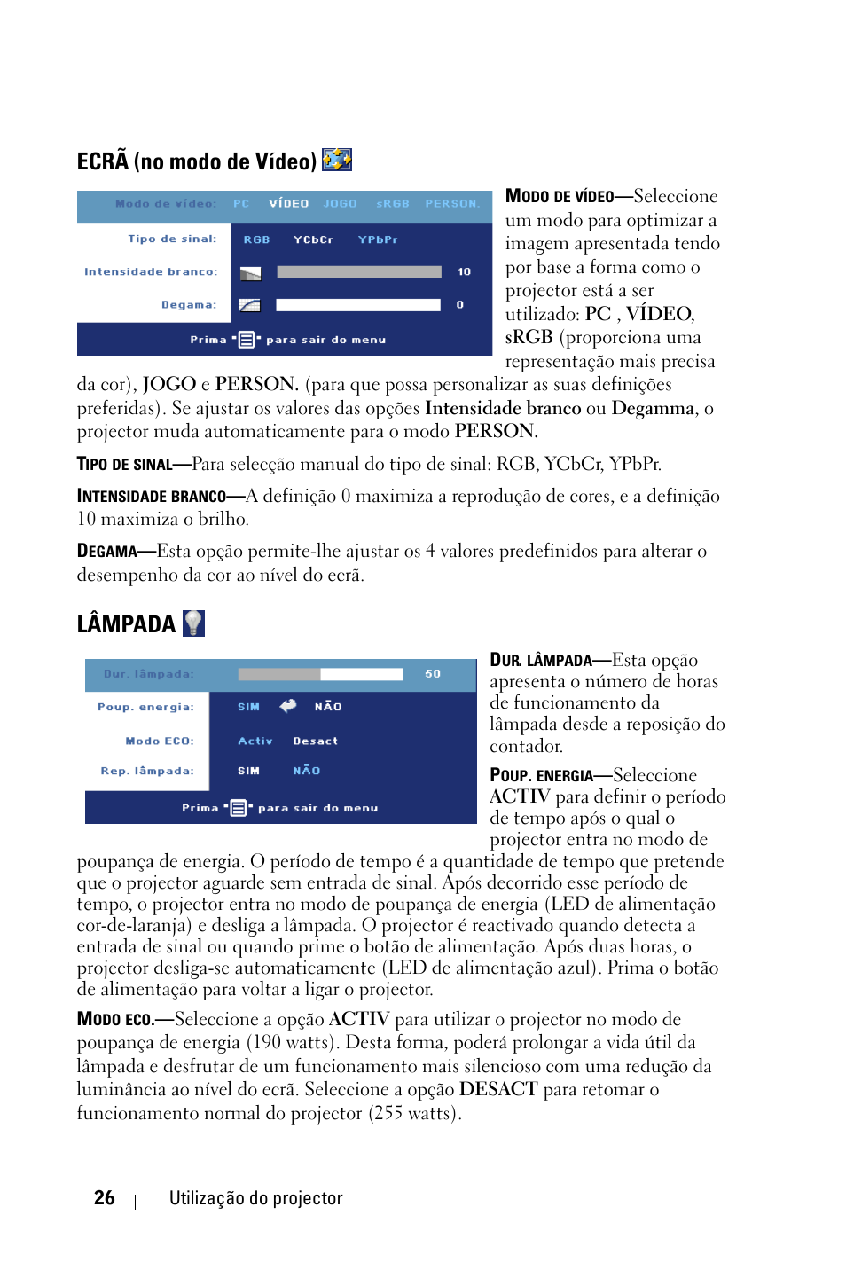 Ecrã (no modo de vídeo), Lâmpada | Dell 1800MP Projector User Manual | Page 574 / 1096