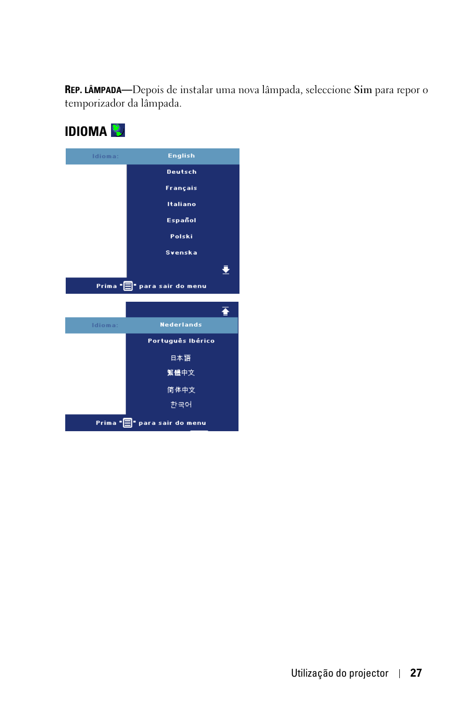 Idioma | Dell 1800MP Projector User Manual | Page 575 / 1096