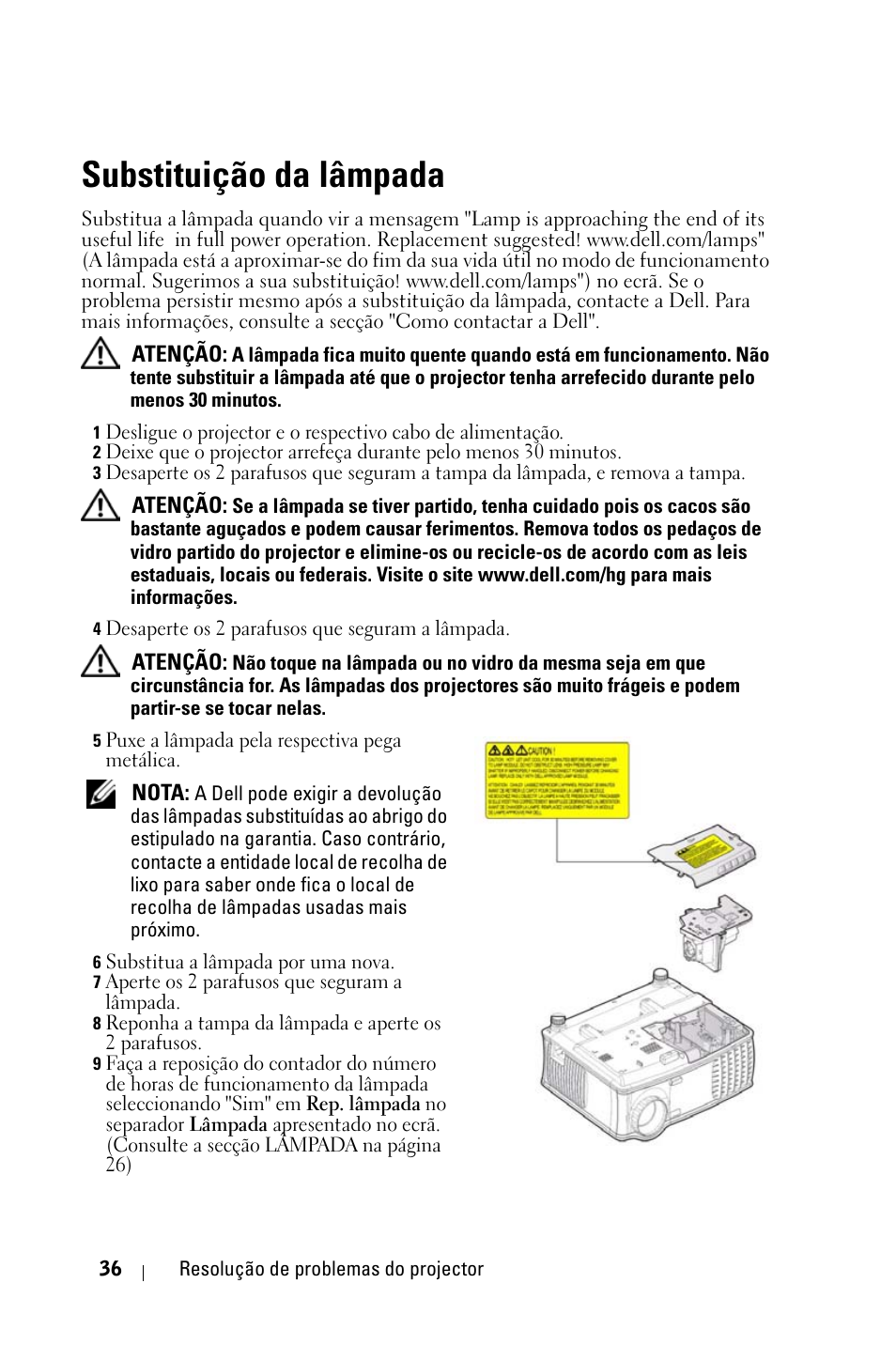 Substituição da lâmpada, A secção substituição da lâmpada na | Dell 1800MP Projector User Manual | Page 584 / 1096