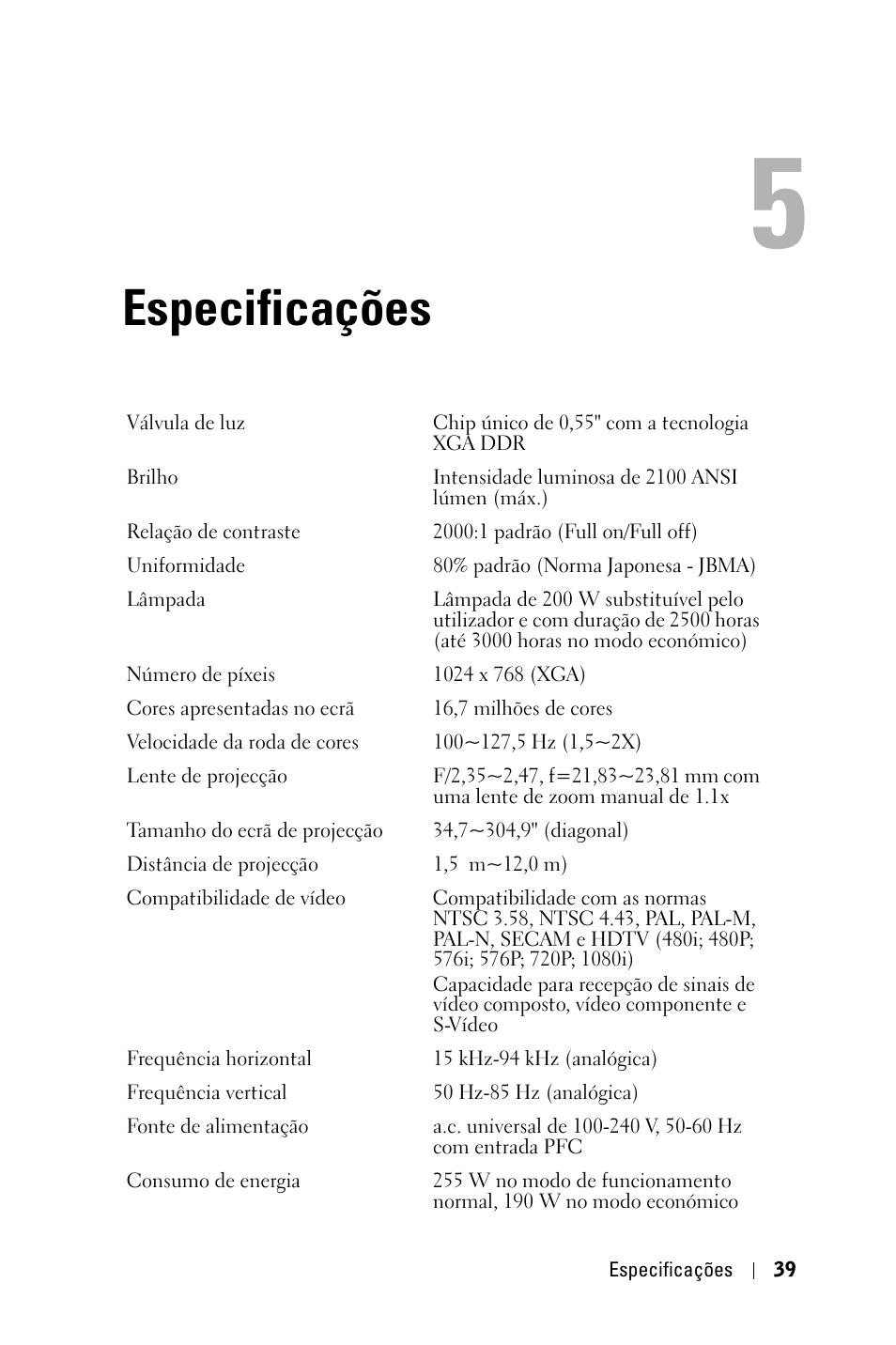 Especificações | Dell 1800MP Projector User Manual | Page 587 / 1096