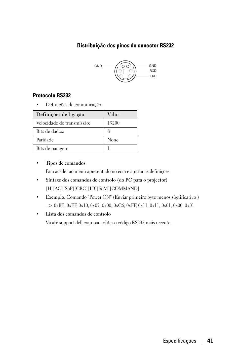 Distribuição dos pinos do conector rs232, Protocolo rs232 | Dell 1800MP Projector User Manual | Page 589 / 1096