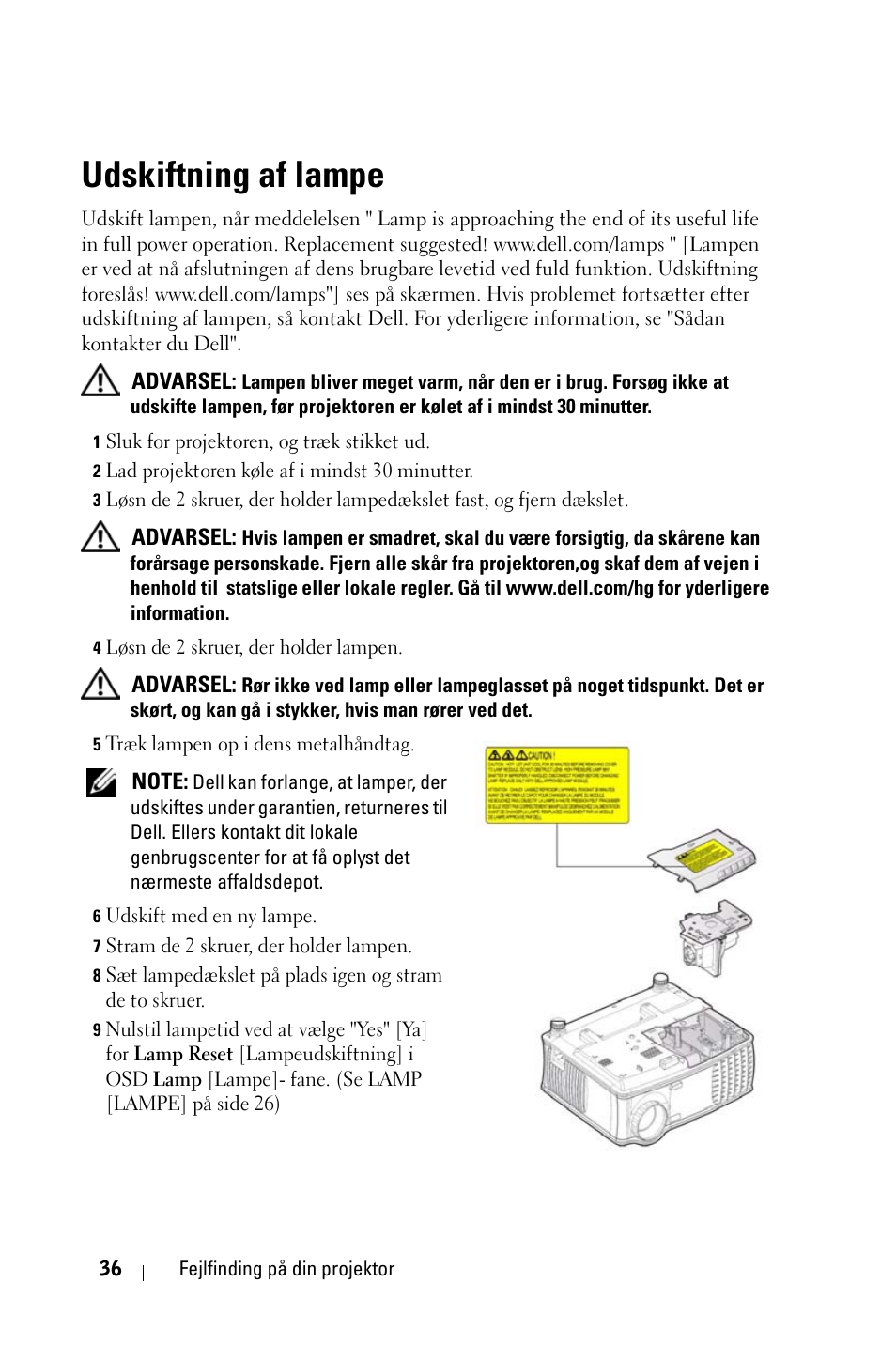 Udskiftning af lampe | Dell 1800MP Projector User Manual | Page 660 / 1096