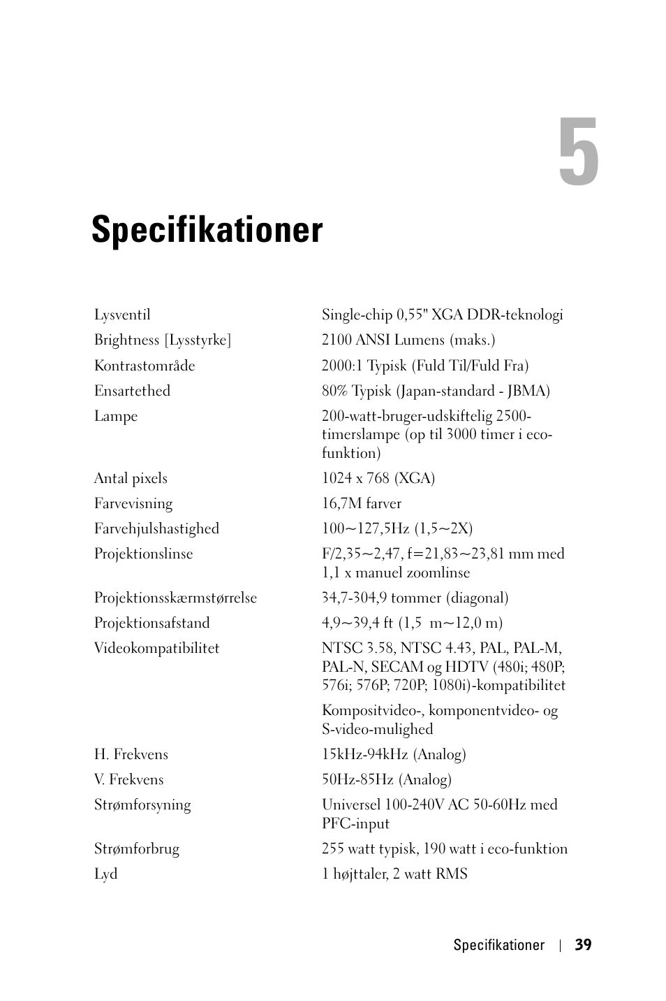 Specifikationer | Dell 1800MP Projector User Manual | Page 663 / 1096