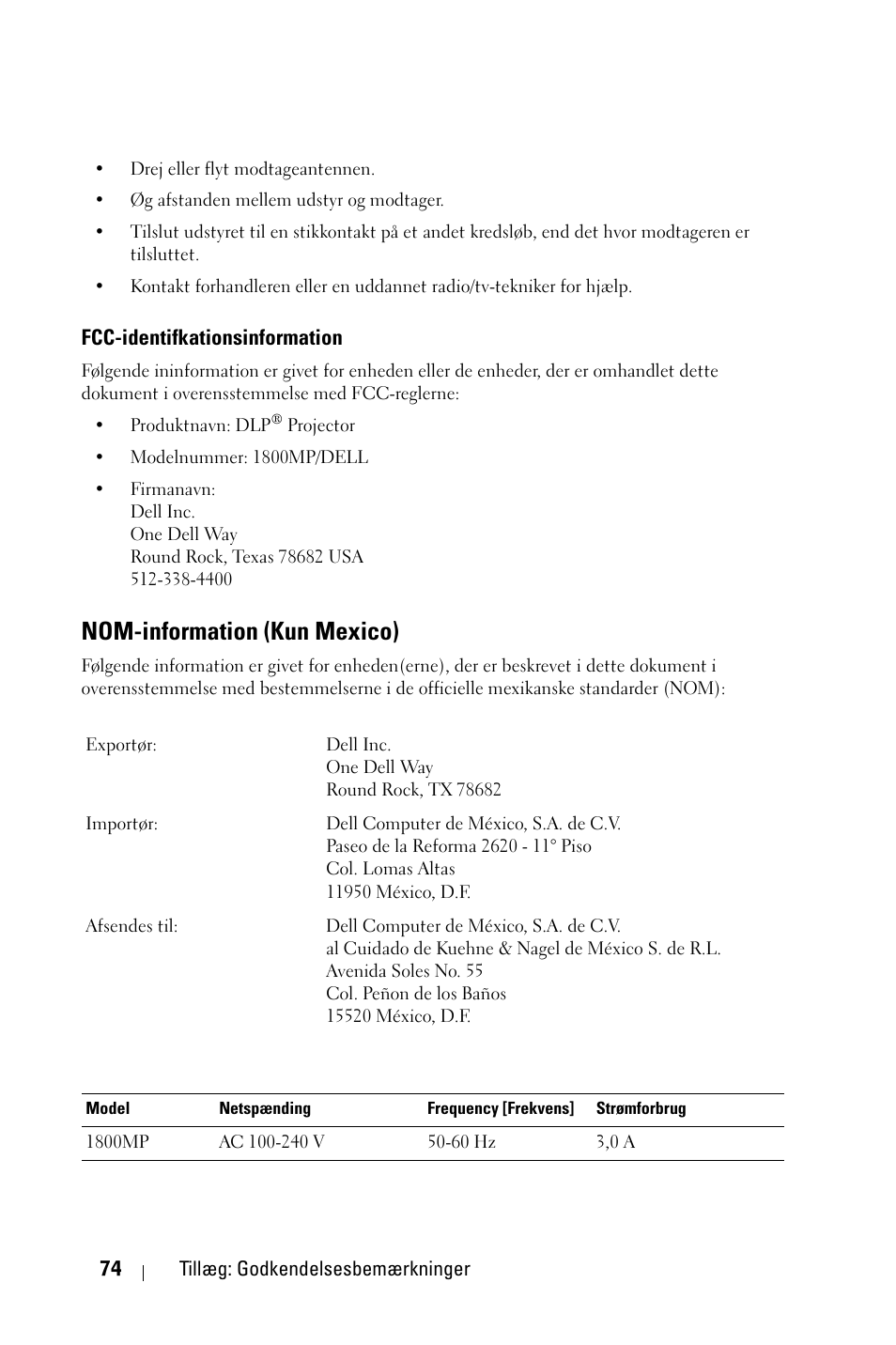 Fcc-identifkationsinformation, Nom-information (kun mexico) | Dell 1800MP Projector User Manual | Page 694 / 1096