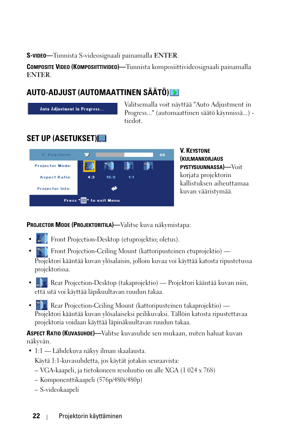 Auto-adjust (automaattinen säätö), Set up (asetukset) | Dell 1800MP Projector User Manual | Page 722 / 1096
