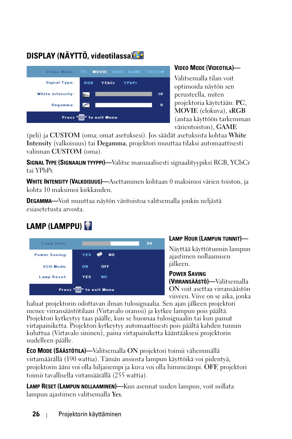Display (näyttö, videotilassa), Lamp (lamppu) | Dell 1800MP Projector User Manual | Page 726 / 1096