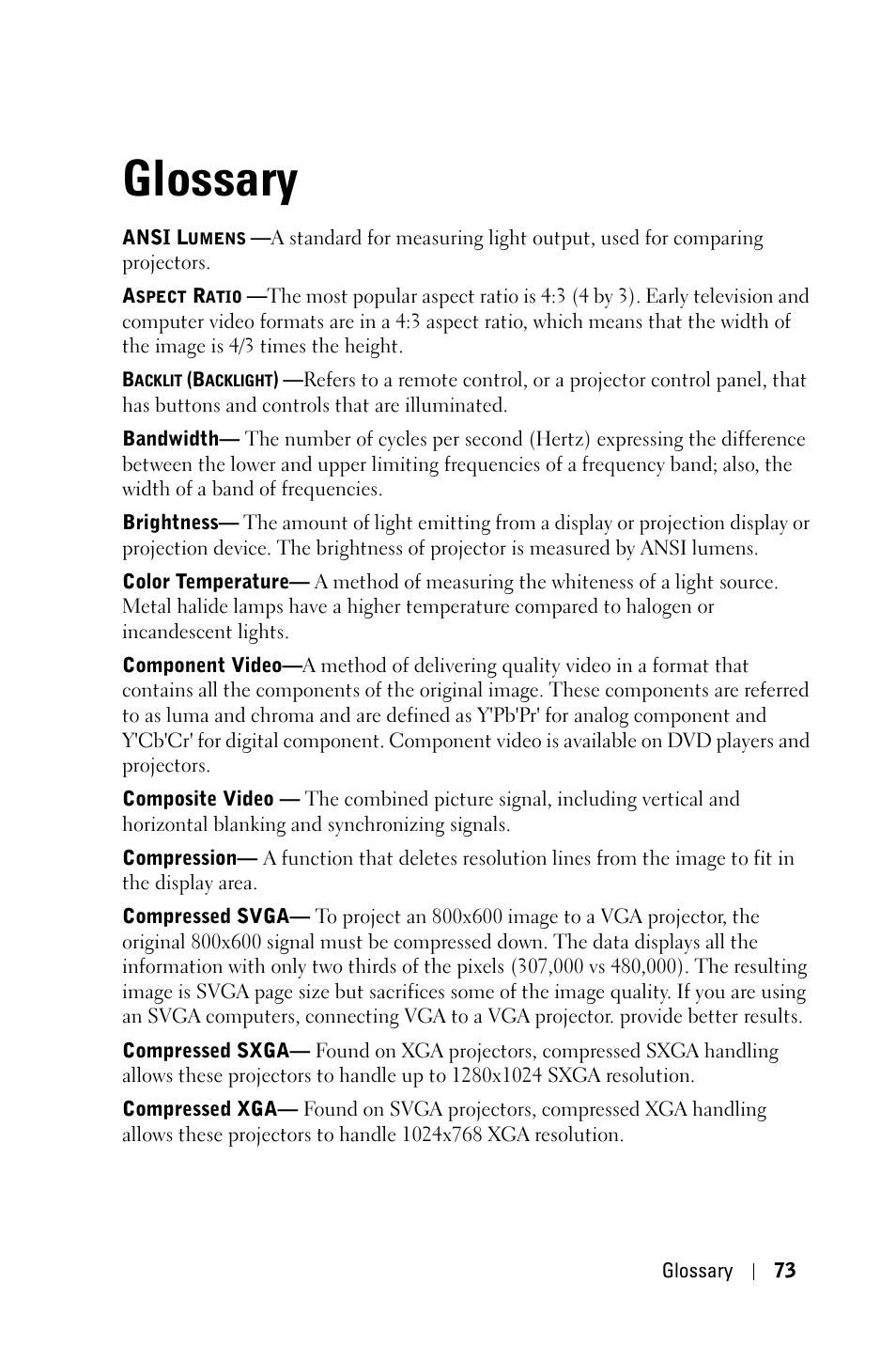 Glossary | Dell 1800MP Projector User Manual | Page 73 / 1096