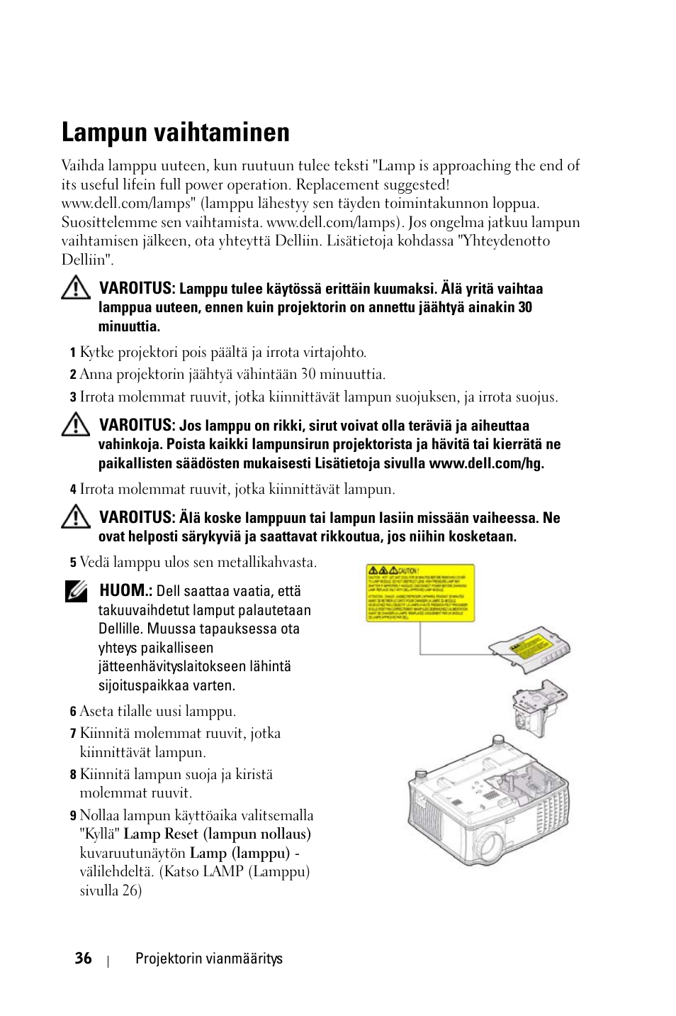Lampun vaihtaminen | Dell 1800MP Projector User Manual | Page 737 / 1096
