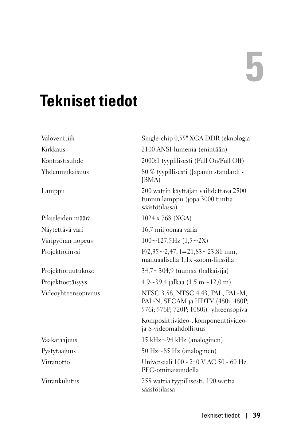 Tekniset tiedot | Dell 1800MP Projector User Manual | Page 740 / 1096