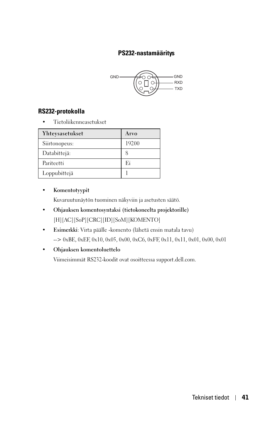 Ps232-nastamääritys, Rs232-protokolla | Dell 1800MP Projector User Manual | Page 742 / 1096