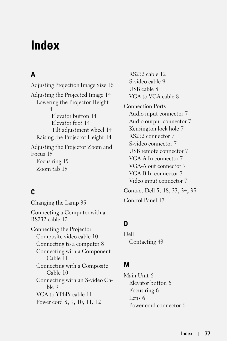 Index | Dell 1800MP Projector User Manual | Page 77 / 1096