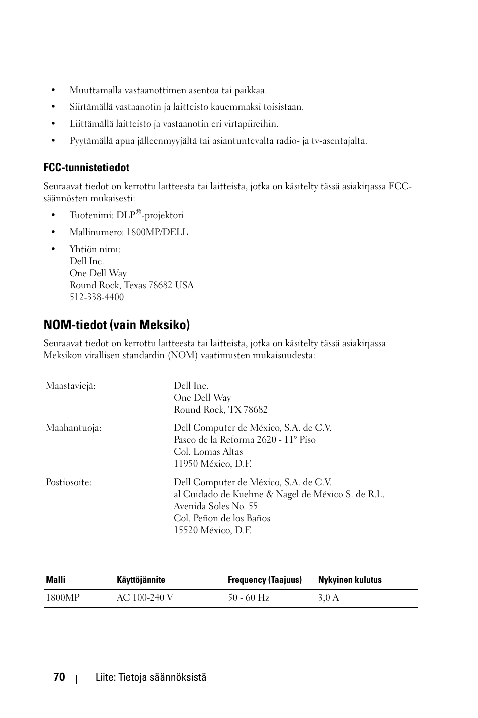 Fcc-tunnistetiedot, Nom-tiedot (vain meksiko) | Dell 1800MP Projector User Manual | Page 771 / 1096