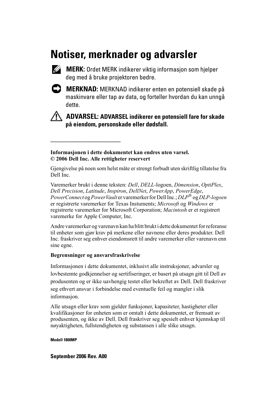 Notiser, merknader og advarsler | Dell 1800MP Projector User Manual | Page 779 / 1096