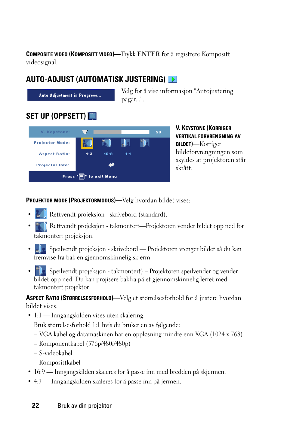Auto-adjust (automatisk justering), Set up (oppsett) | Dell 1800MP Projector User Manual | Page 799 / 1096