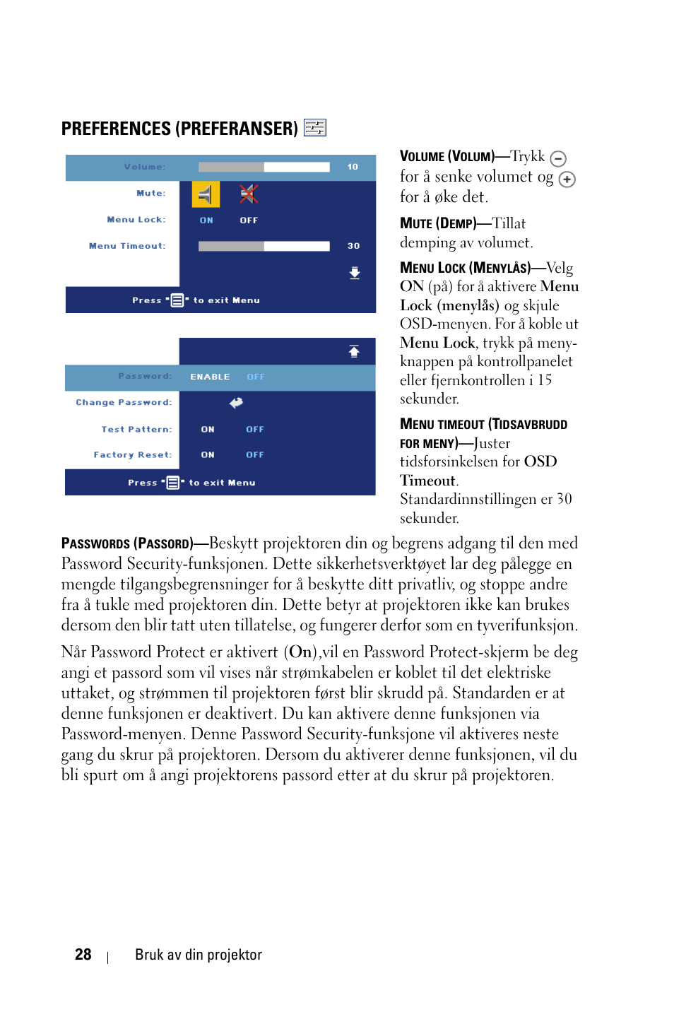 Preferences (preferanser) | Dell 1800MP Projector User Manual | Page 805 / 1096